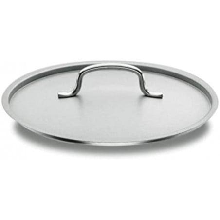 Tapa de acero inoxidable plateada con asa de metal, vista superior sobre fondo blanco