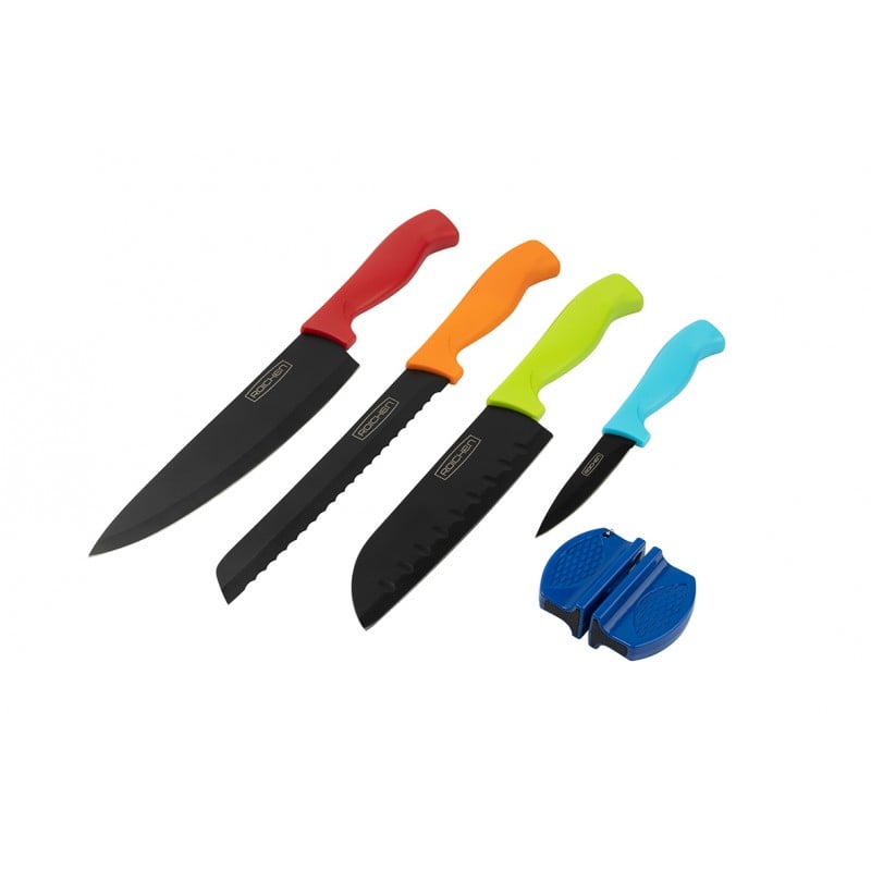 Set cuchillos 5 piezas Roichen natural cocina coloridos mango ergonómico acero inoxidable afilador profesional diseño moderno