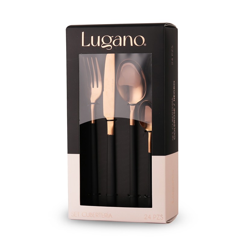 Set de cubiertos 24 Piezas Goldrose Negro Metal Lugano elegante diseño para tu mesa vajilla fina y moderna