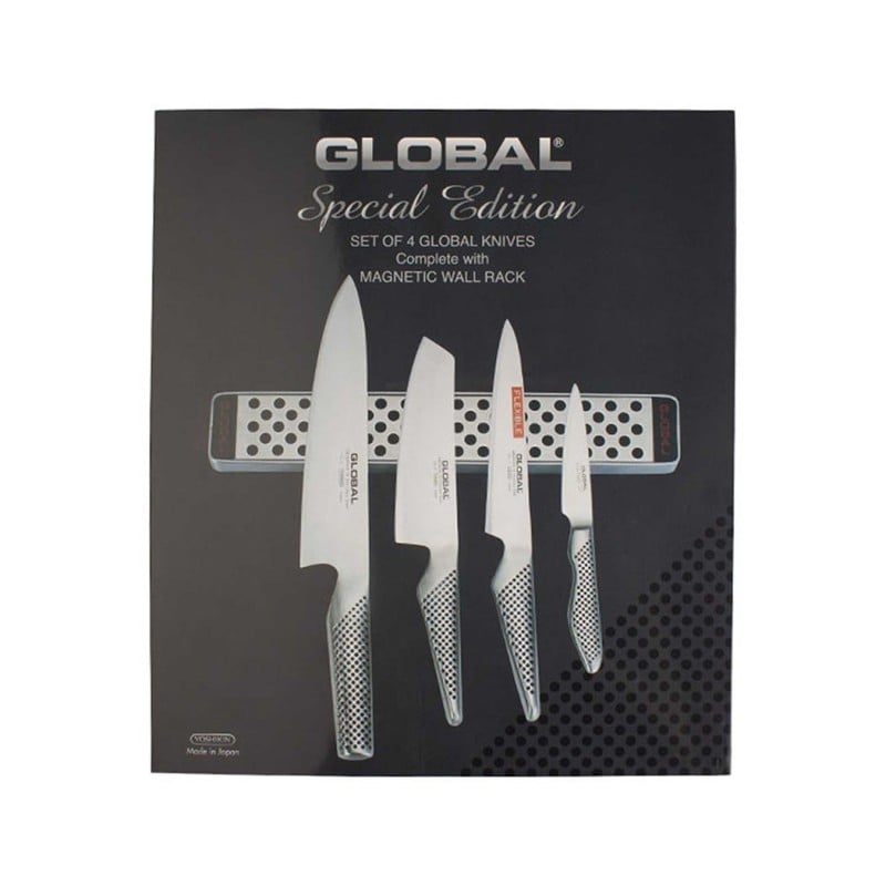 Set 4 Cuchillos Global con Barra Magnética G251. Cuchillos de cocina Global, acero inoxidable japonés, diseño ergonómico.