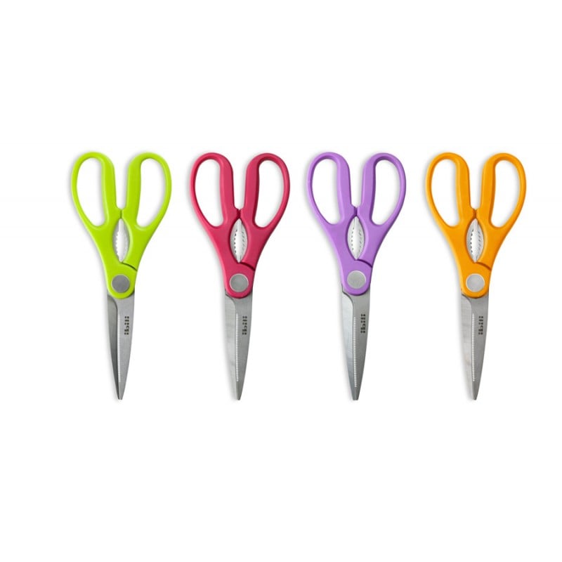 Tijeras de Cocina Colores Ibili: verde, rosado, morado, naranjo. Utensilios de cocina versátiles y con estilo para tu hogar.