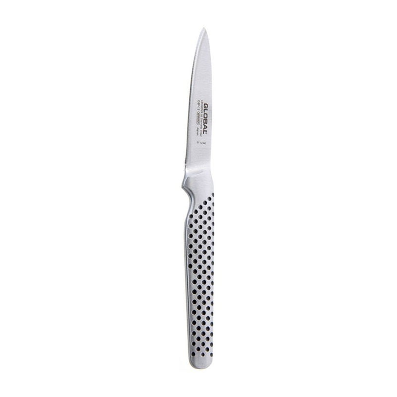 Cuchillo de cocina con hoja plateada y mango blanco perforado vista frontal sobre fondo blanco