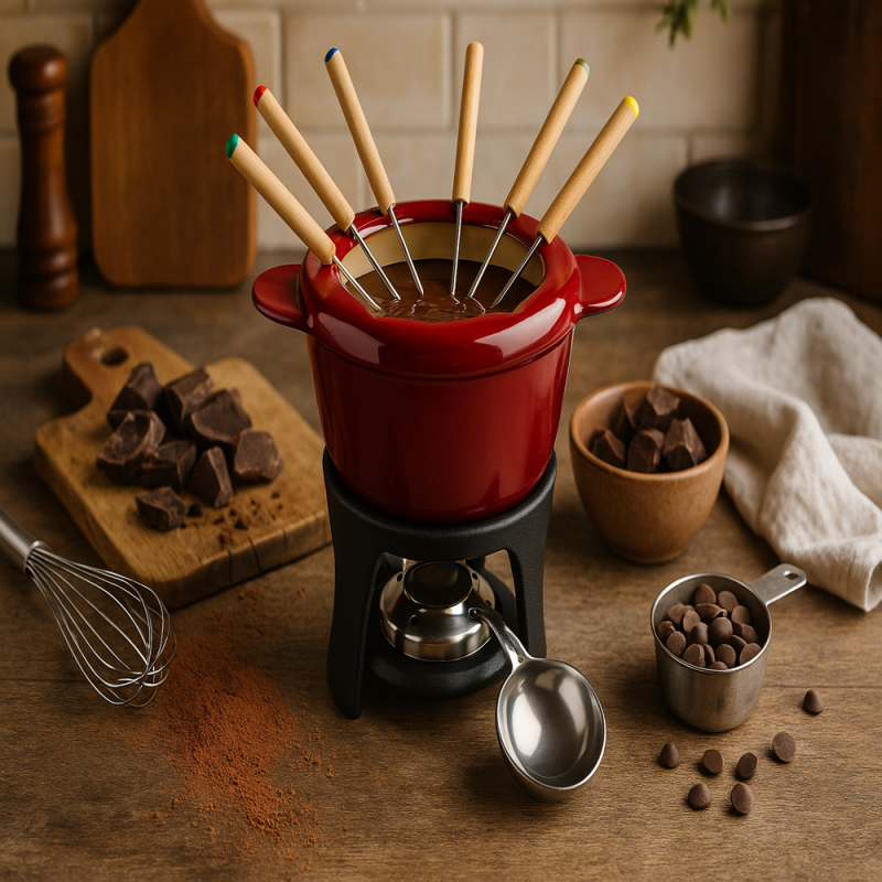 Fondue rojo con 6 tenedores Lugano para postres con chocolate. Cocina y disfruta.