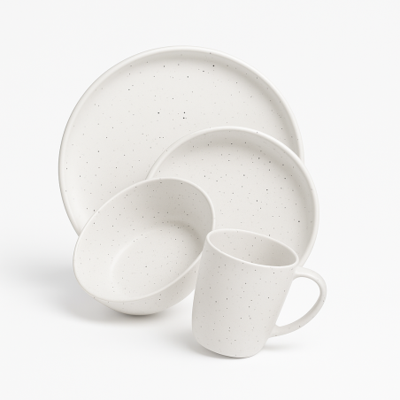 Vajilla Dots Lugano 24 piezas diseño moderno para tu mesa. Set de platos, tazas y bowls con sutiles pintas.