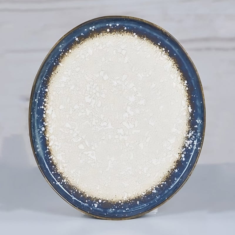 Set 6 Platos Volcano Lugano 27cm gres diseño rústico borde azul moteado vajilla moderna elegante para mesa comedor
