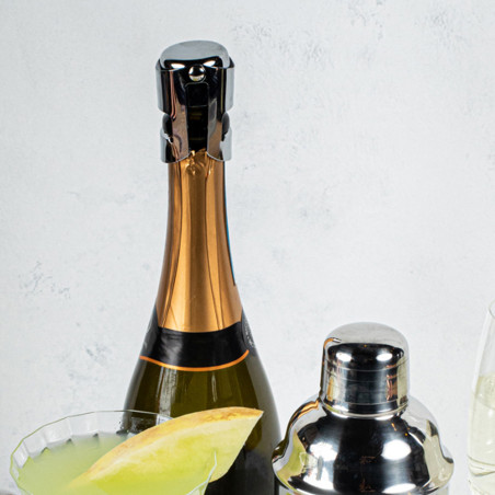 Tapones para botellas de champagne de acero inoxidable con cierre hermético, vista frontal sobre fondo blanco