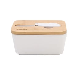Mantequillero 600 Ml Cerámica  Blanco Con Tapa Bamboo  + Cuchillo Simplit