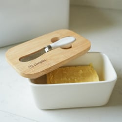 Mantequillero 600 Ml Cerámica  Blanco Con Tapa Bamboo  + Cuchillo Simplit