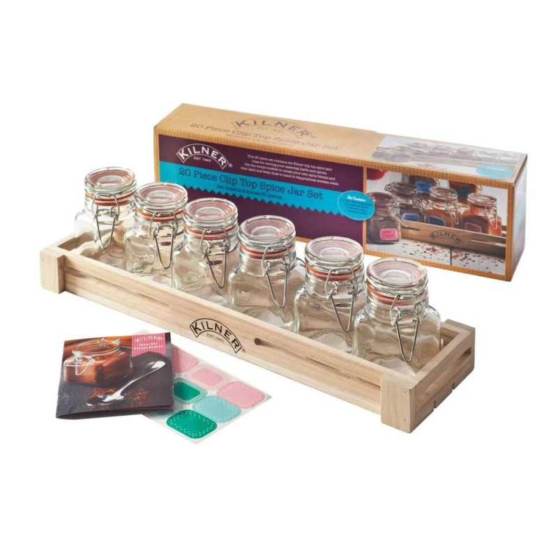 Set 6 Frascos Especias 70ml Kilner con caja de madera rústica. Almacenamiento y organización de condimentos. Diseño vintage p...