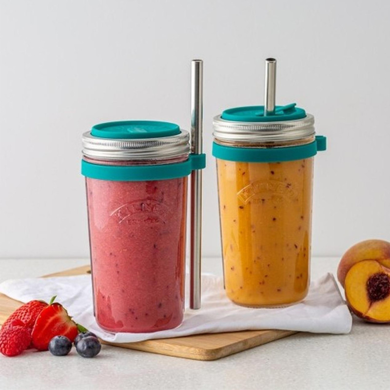 Set para Preparar Smoothie 500ml Kilner, vasos con batidos, frutas frescas y bombillas reutilizables. Preparación saludable y...