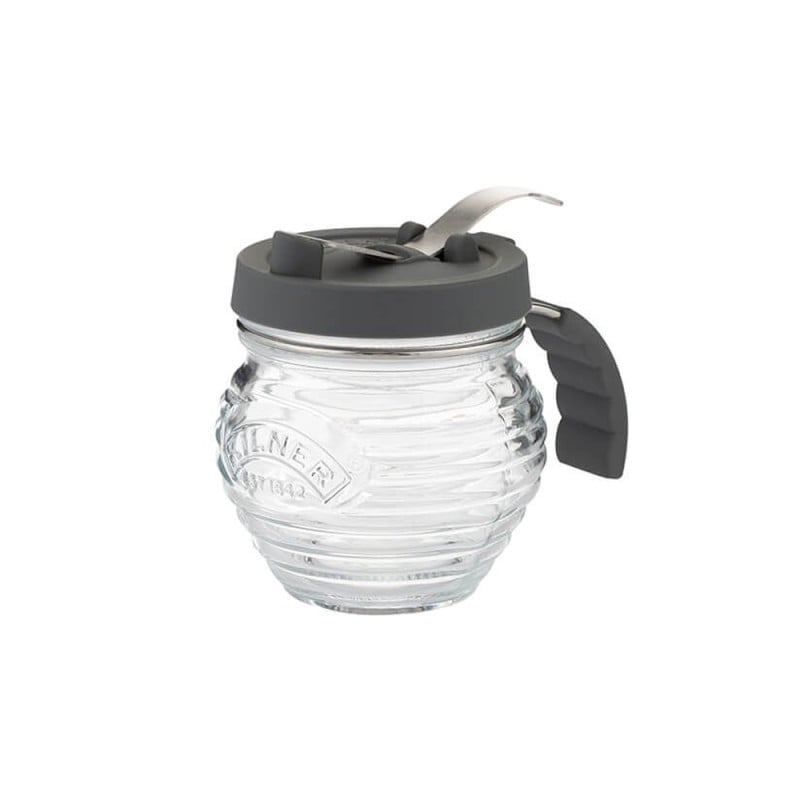 Dispensador Syrup 400 ml Kilner. Frasco miel vidrio con dosificador acero inoxidable y tapa gris. Utensilio cocina Kilner.