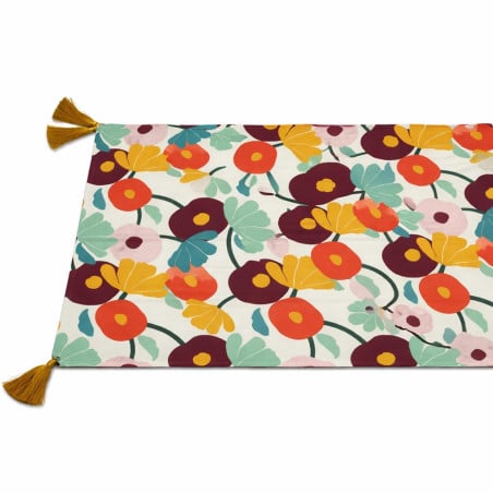Camino de mesa Flower Lugano con estampado floral colorido y borlas decorativas para cocina y comedor