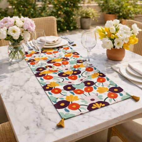 Camino de Mesa Flower Lugano con diseño floral colorido para decoración de mesa. Elegante y moderno.