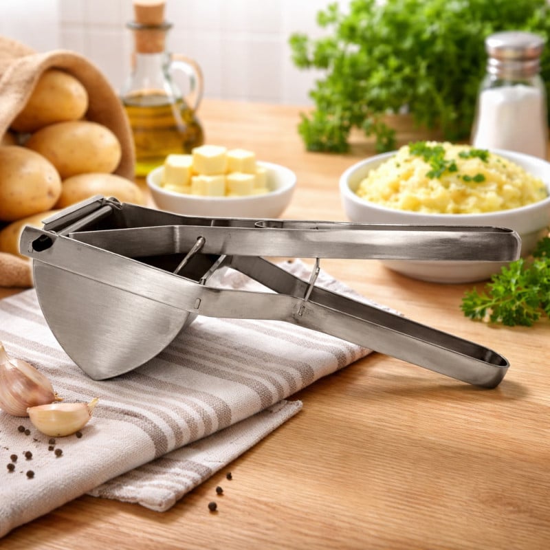 Prensa de Papas FTA metálica sobre mesa de madera con ingredientes para puré de papas. Utensilio cocina fácil uso.