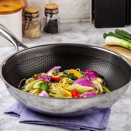 Wok acero inoxidable 30 cm Bee Roichen, comida asiática saludable y deliciosa, cocina antiadherente profesional