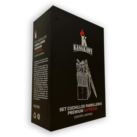 Set Taco de Madera, 12 Cuchillos, Astil y Tijeras Kangkawe. Marca Chilena de utensilios parrilleros premium y edición limitada.