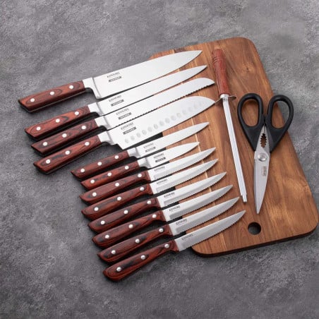 Set Taco de Madera 12 Cuchillos Astil y Tijeras Kangkawe cocina profesional chef hogar calidad diseño