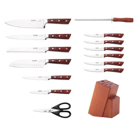 Set Taco de Madera 12 Cuchillos Astil y Tijeras Kangkawe. Juego de cuchillos profesional. Cocina equipada.