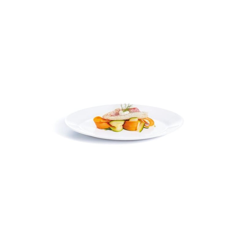 Plato blanco con filete de pescado, vegetales naranjas y guarnición verde vista superior sobre fondo blanco