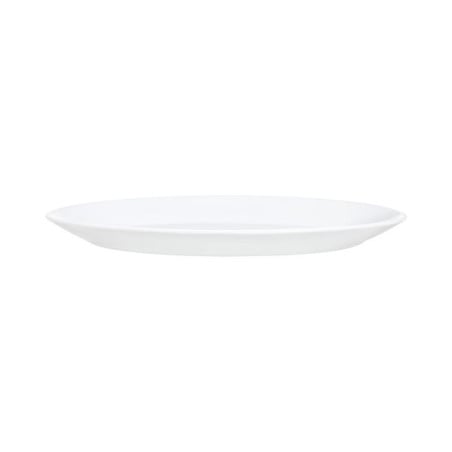Plato blanco de cerámica vista superior con borde elevado y sombra lateral sobre fondo blanco