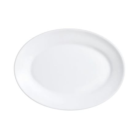 Plato ovalado blanco de cerámica con borde elevado, vista superior sobre fondo neutro