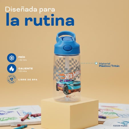 Botella Agua Niños Hot Wheels Race 420ml con Bombilla UMA