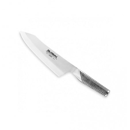Cuchillo de chef Global con hoja blanca y mango de acero con patrón punteado, vista lateral sobre fondo blanco
