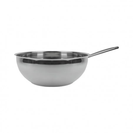 Wok de acero inoxidable con asa metálica vista lateral sobre fondo blanco