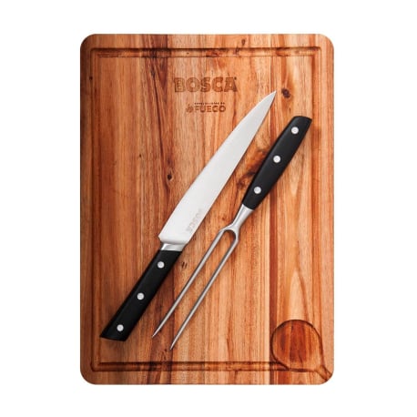 Set Tabla parrillera + cuchillo y tenedor Bosca