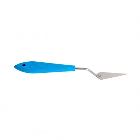 Señuelo de pesca azul con paleta metálica plateada vista lateral sobre fondo blanco
