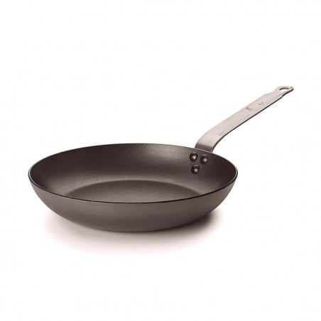 Sartén wok de acero gris oscuro con mango metálico plateado vista lateral sobre fondo blanco